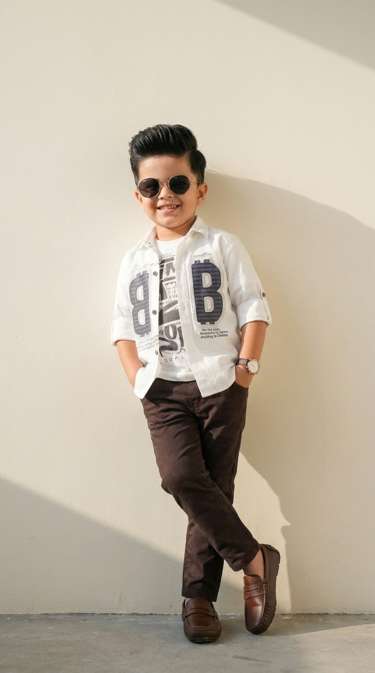 White Graphic Shirt & Black Trousers Boys’ Casual Set