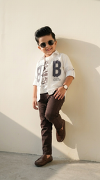 White Graphic Shirt & Black Trousers Boys’ Casual Set