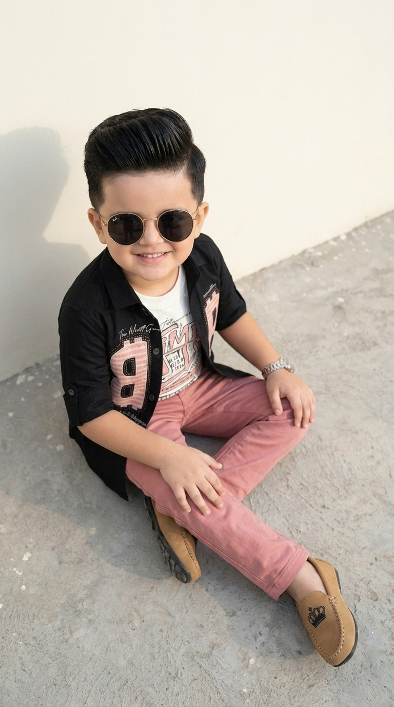 Black Graphic Shirt & Pink Trousers Boys’ Casual Set