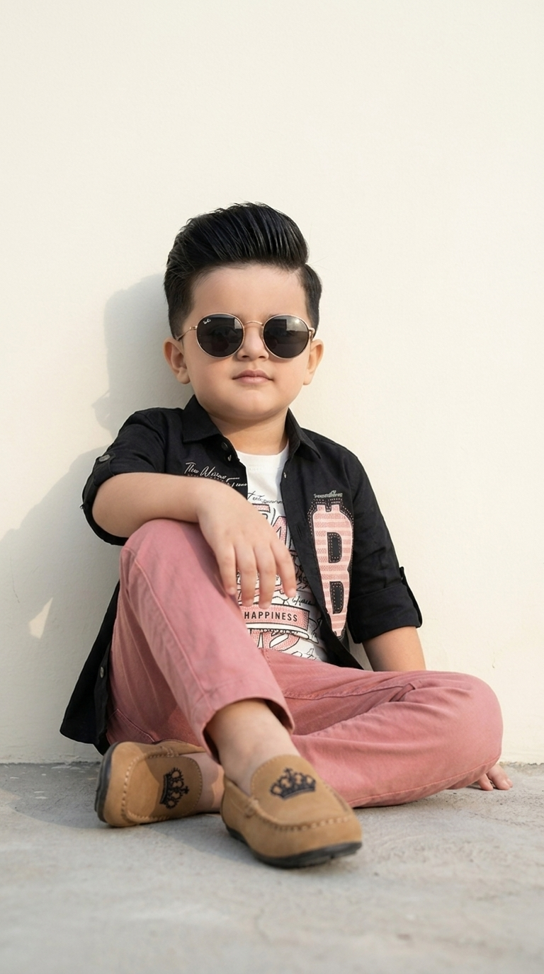 Black Graphic Shirt & Pink Trousers Boys’ Casual Set