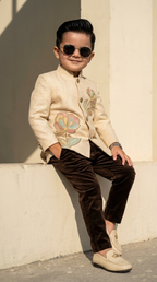Ivory Floral Handwork Prince Coat Set for Boys
