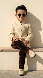 Ivory Floral Handwork Prince Coat Set for Boys