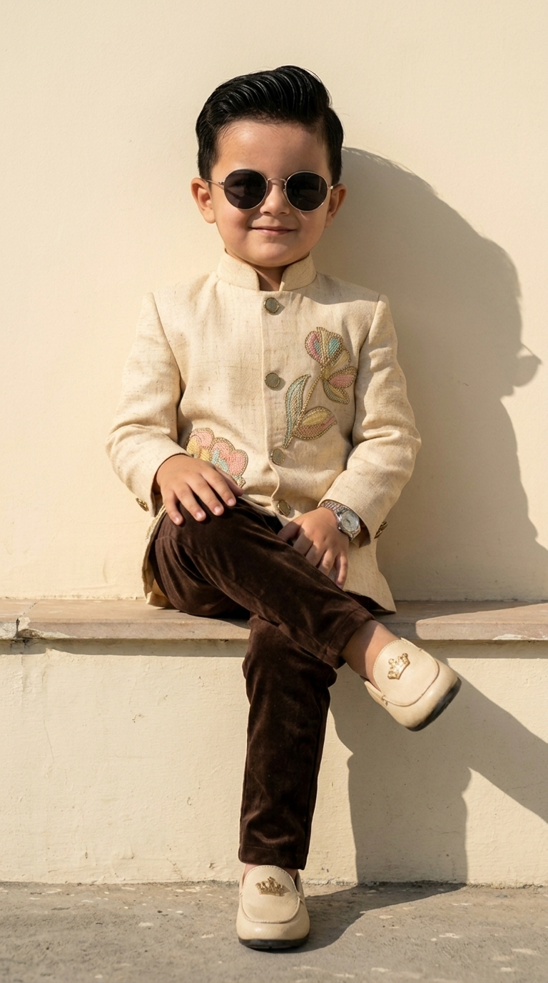 Ivory Floral Handwork Prince Coat Set for Boys