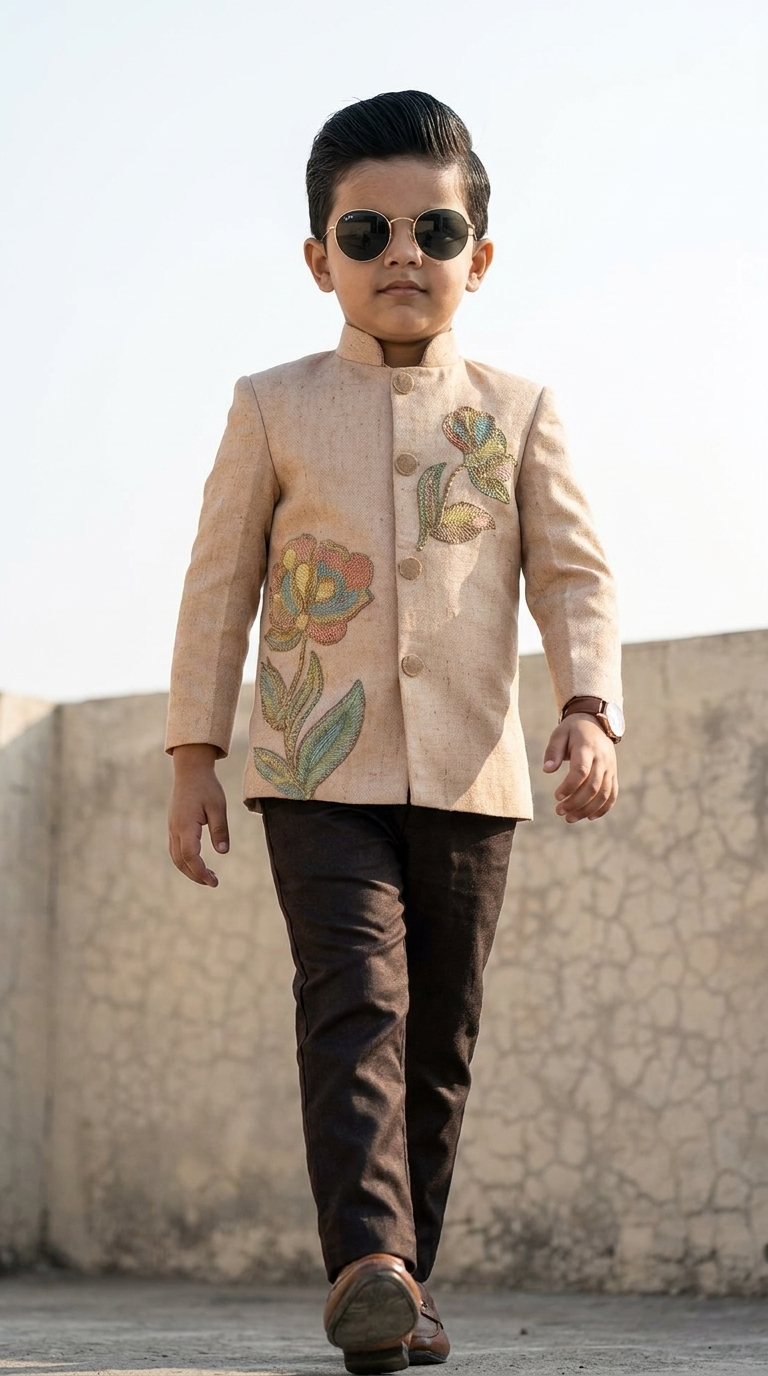 Ivory Floral Embroidered Prince Coat Set for Boys