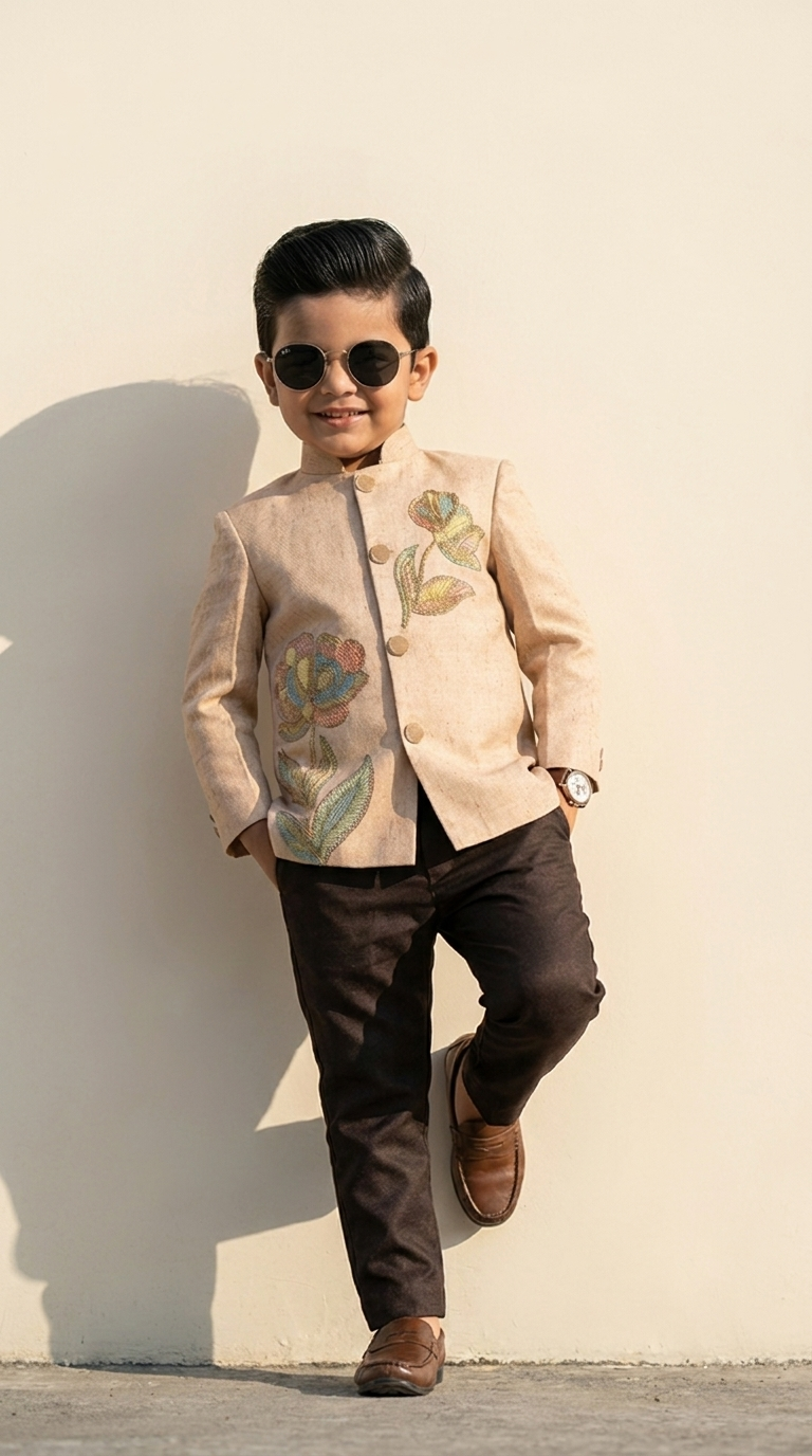 Ivory Floral Embroidered Prince Coat Set for Boys