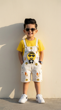 Yellow Cartoon Print T-Shirt & Dungaree Shorts Set
