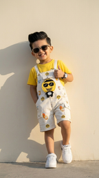 Yellow Cartoon Print T-Shirt & Dungaree Shorts Set