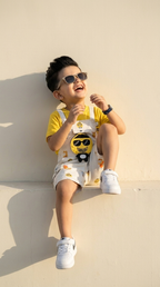 Yellow Cartoon Print T-Shirt & Dungaree Shorts Set