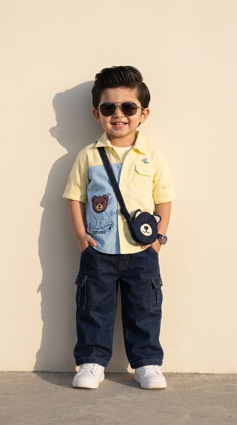 Little Explorer Yellow & Blue Shirt with Denim Cargo Jeans Set