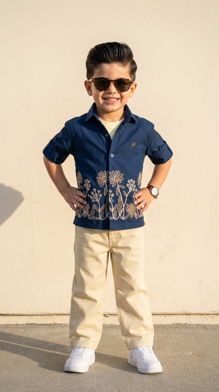 Navy Floral Embroidered Shirt & Cream Trouser Set