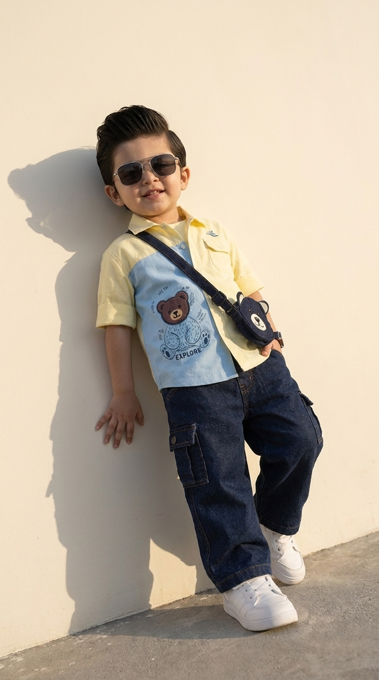 Little Explorer Yellow & Blue Shirt with Denim Cargo Jeans Set