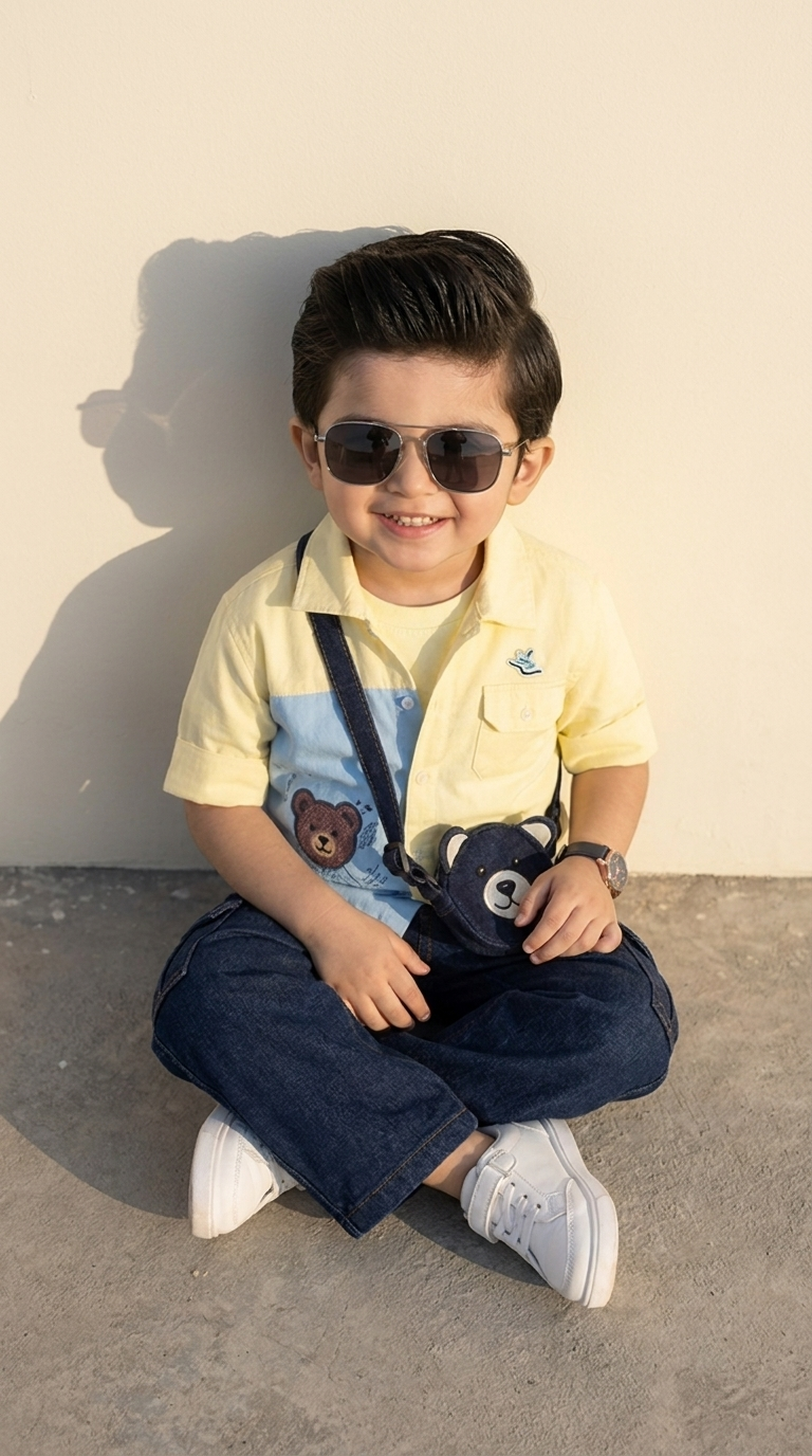 Little Explorer Yellow & Blue Shirt with Denim Cargo Jeans Set