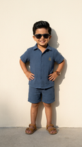 Classic Slate Blue Textured Shirt & Shorts Set