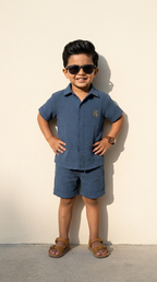 Classic Slate Blue Textured Shirt & Shorts Set