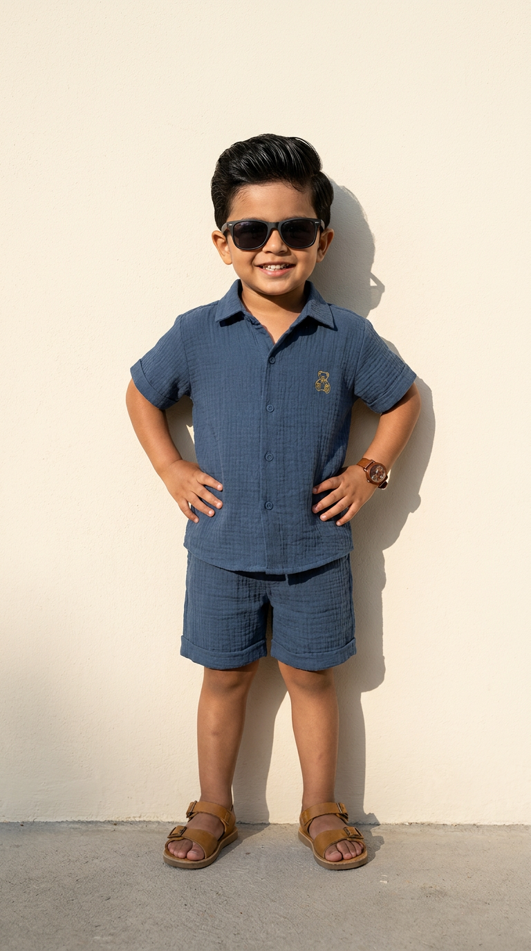 Classic Slate Blue Textured Shirt & Shorts Set