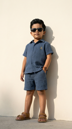 Classic Slate Blue Textured Shirt & Shorts Set
