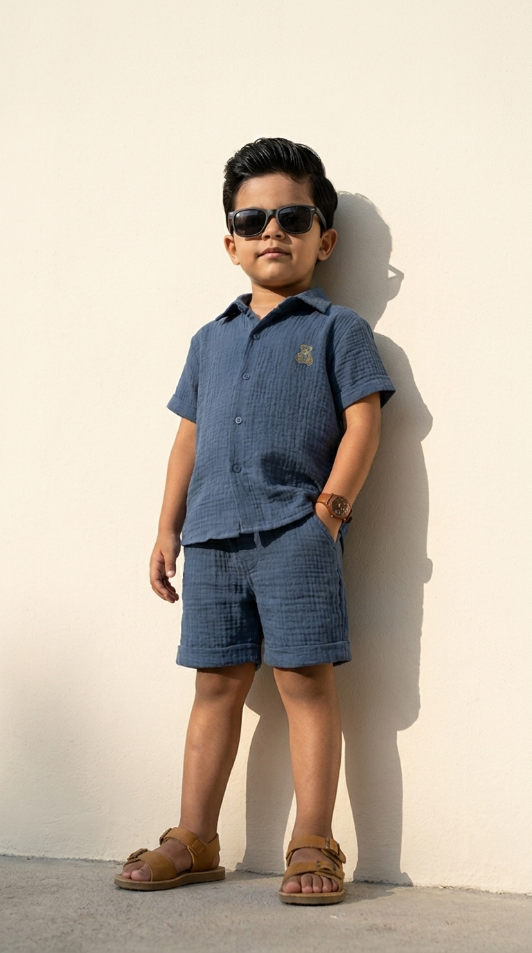 Classic Slate Blue Textured Shirt & Shorts Set