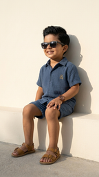 Classic Slate Blue Textured Shirt & Shorts Set