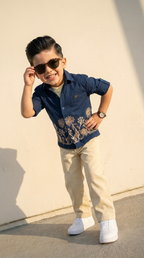 Navy Floral Embroidered Shirt & Cream Trouser Set