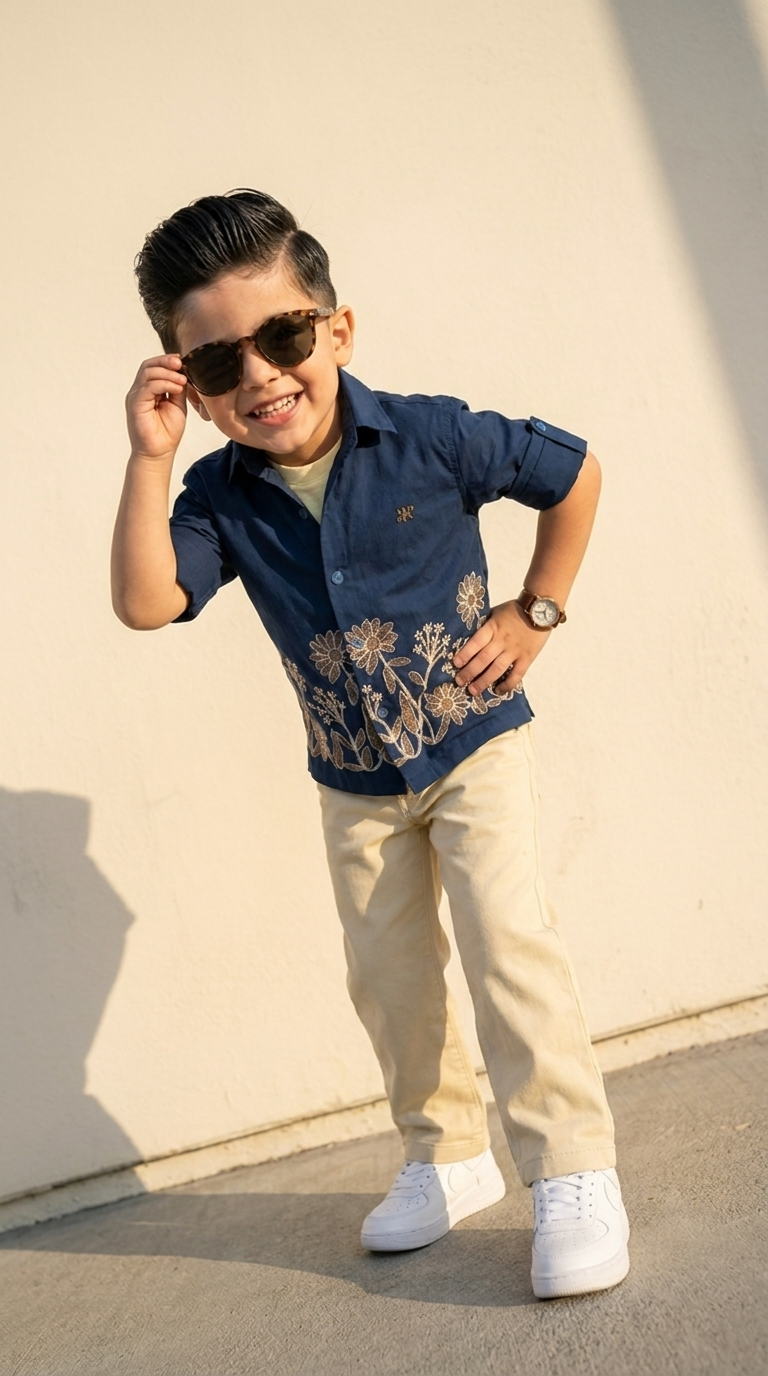 Navy Floral Embroidered Shirt & Cream Trouser Set