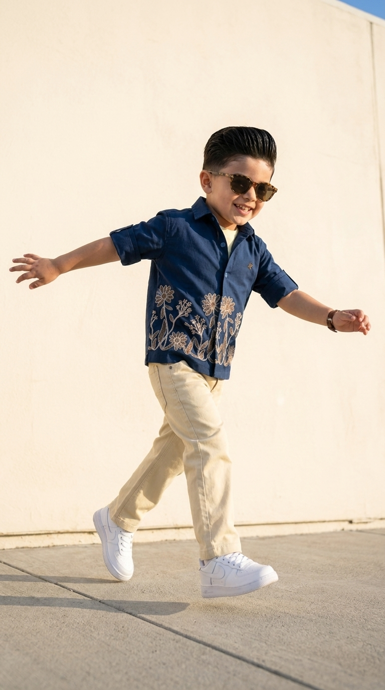 Navy Floral Embroidered Shirt & Cream Trouser Set
