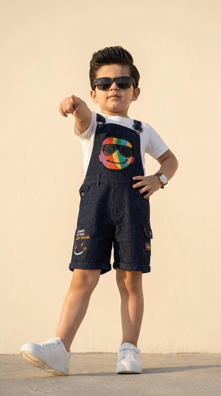 Rainbow Smile Denim Dungaree Shorts Set