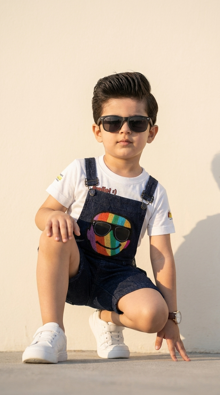 Rainbow Smile Denim Dungaree Shorts Set