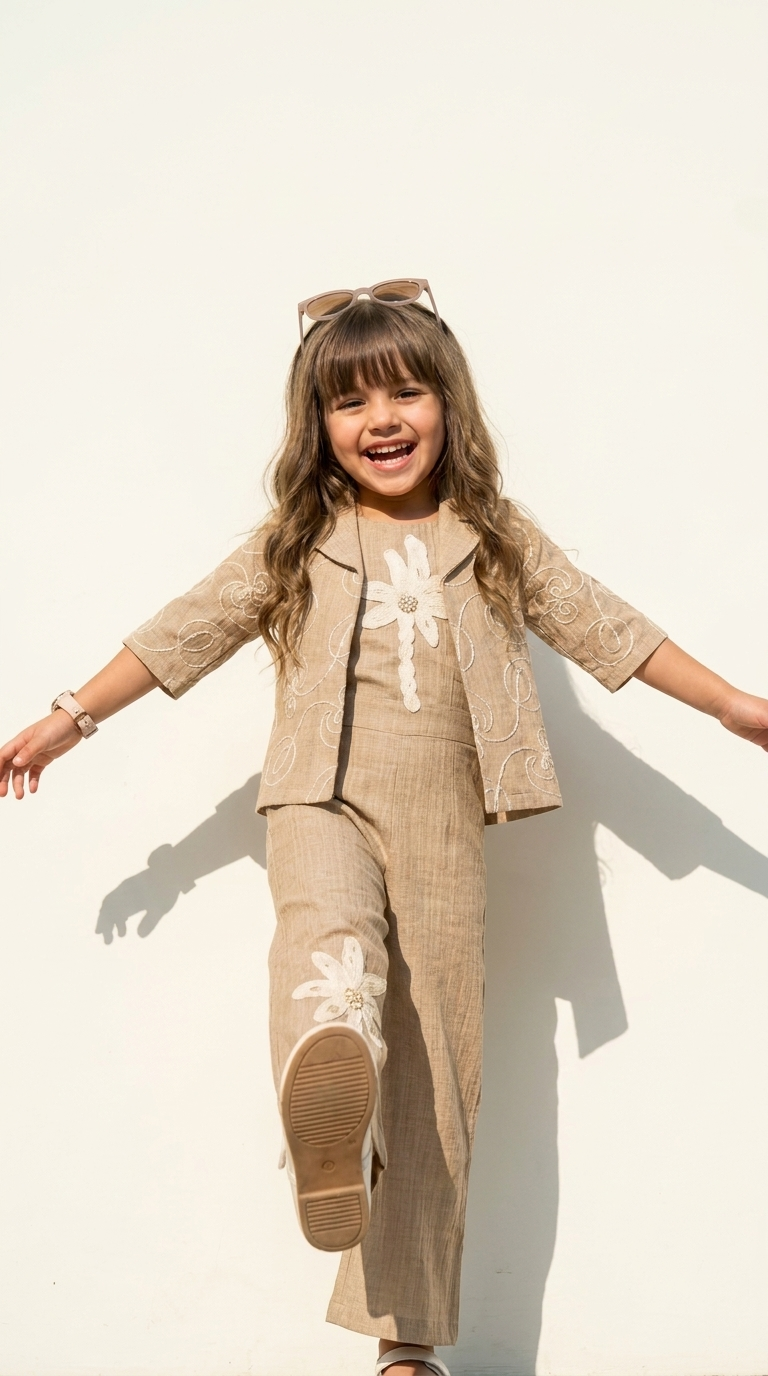 Girls’ Beige Floral Embroidered Co-Ord Set