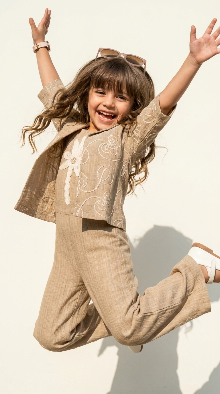 Girls’ Beige Floral Embroidered Co-Ord Set