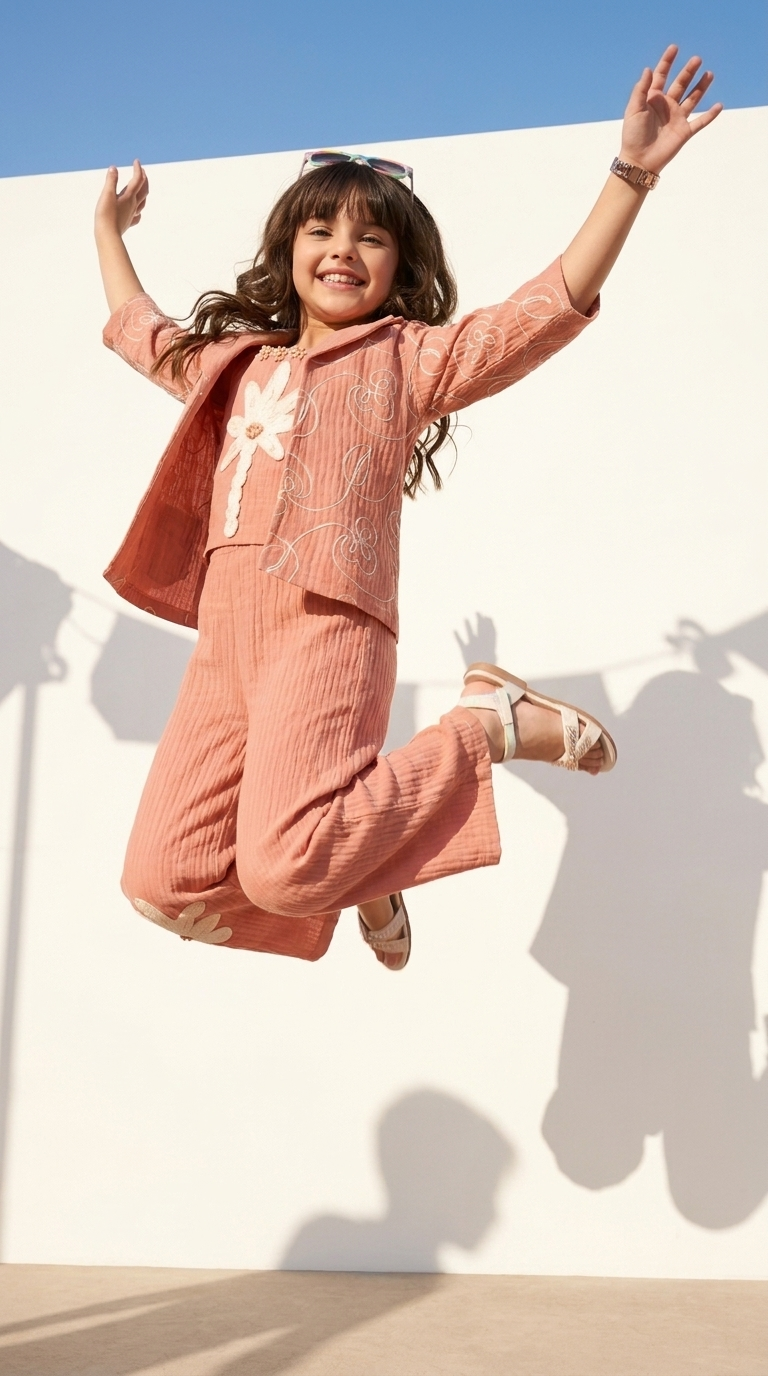 Girls’ Peach Floral Embroidered 3-Piece Co-Ord Set