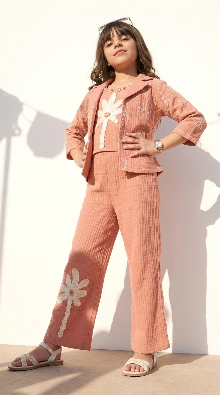 Girls’ Peach Floral Embroidered 3-Piece Co-Ord Set