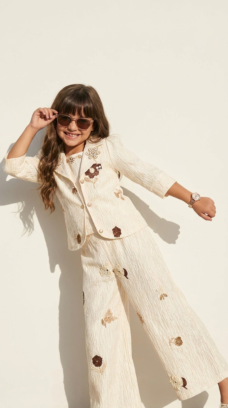 Girls’ Ivory Floral Embroidered 3-Piece Co-Ord Set