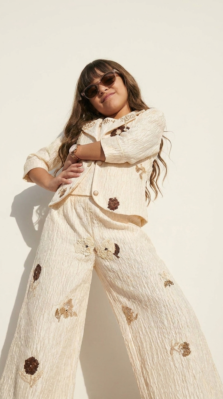 Girls’ Ivory Floral Embroidered 3-Piece Co-Ord Set
