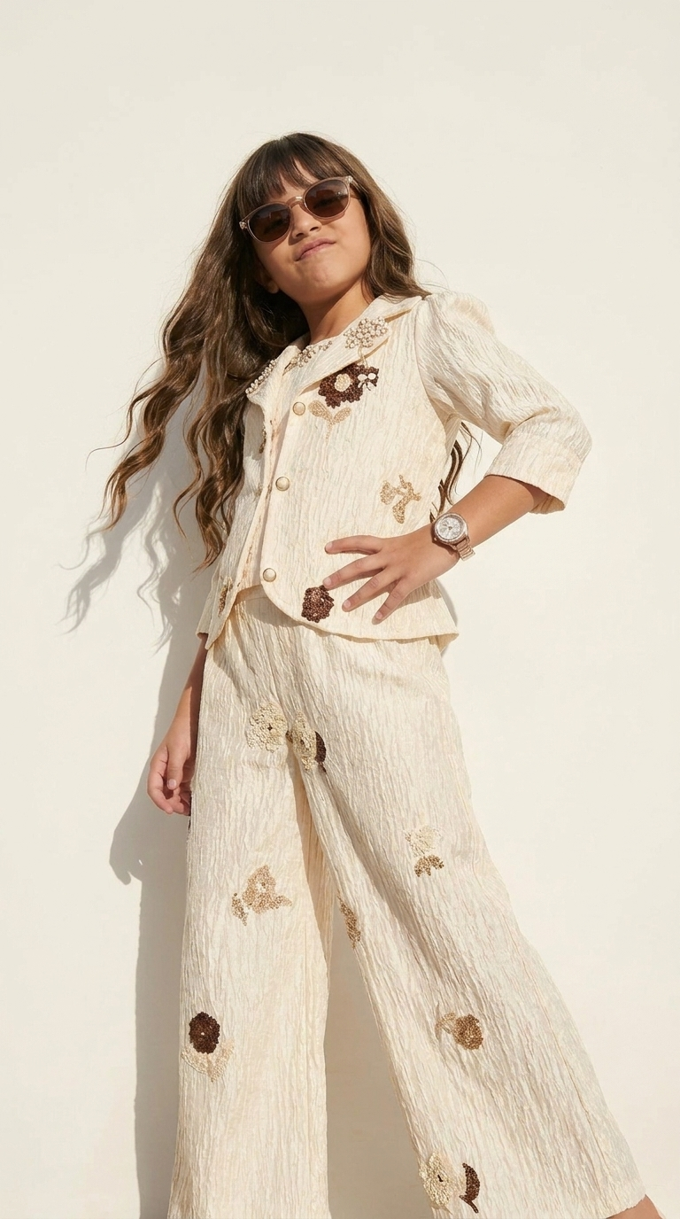 Girls’ Ivory Floral Embroidered 3-Piece Co-Ord Set