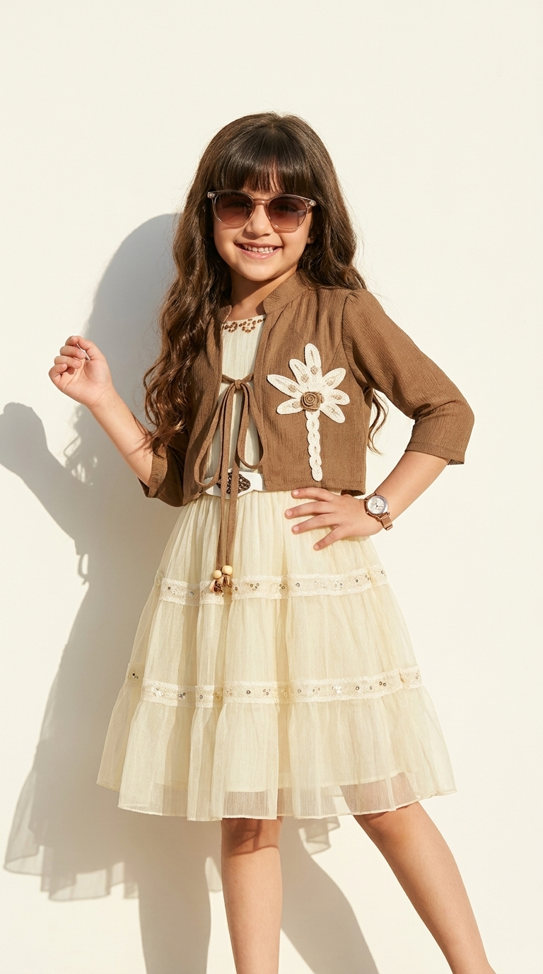 Girls’ Brown Floral Embroidered Jacket with Ivory Tiered Dress