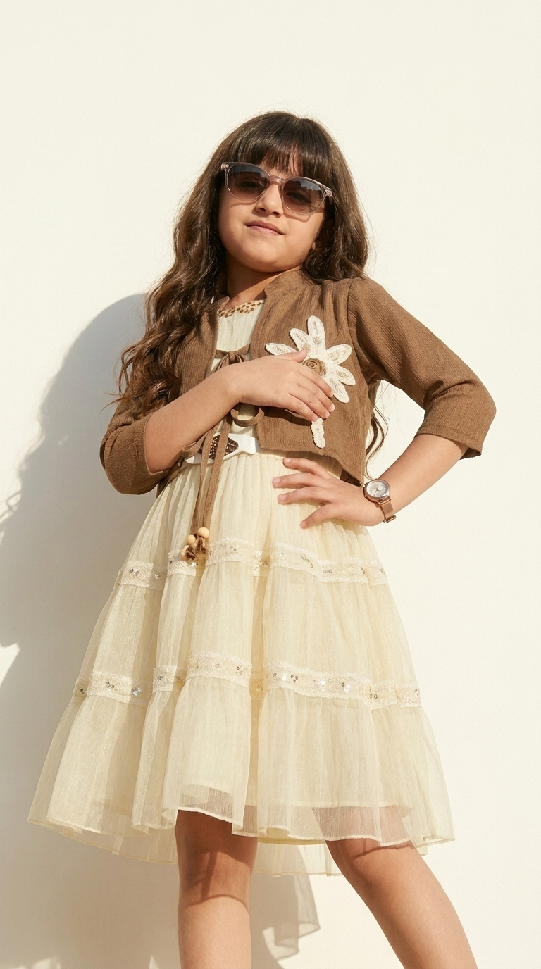 Girls’ Brown Floral Embroidered Jacket with Ivory Tiered Dress