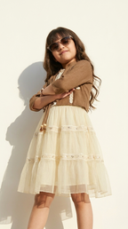 Girls’ Brown Floral Embroidered Jacket with Ivory Tiered Dress