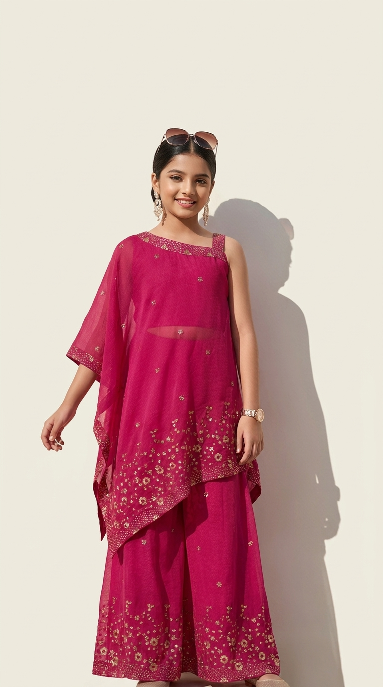Rani Pink Floral Embellished Asymmetric Kurta Sharara Set for Girls