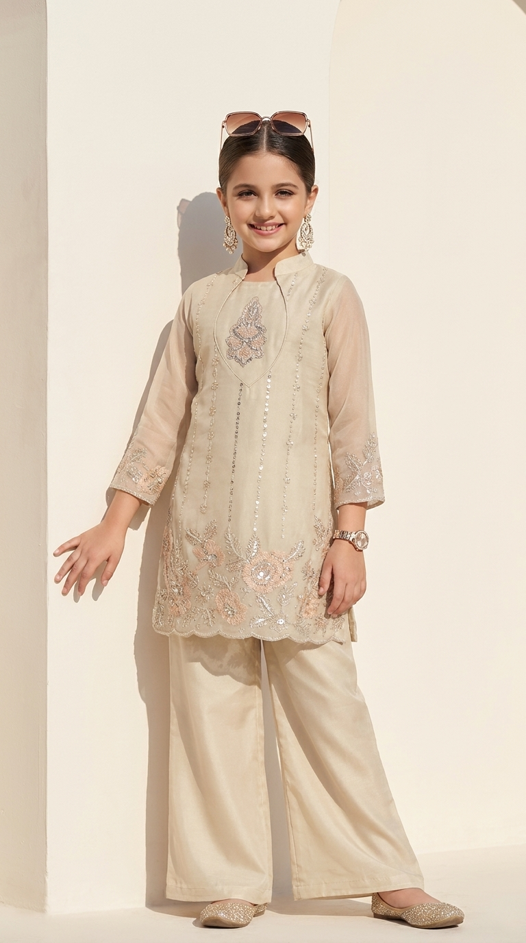 Ivory Floral Embroidered Kurta Palazzo Set