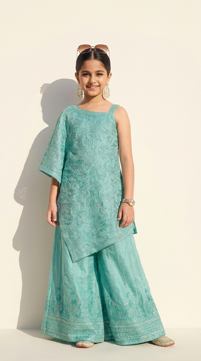 Aqua Blue Embroidered Asymmetric Kurta Palazzo Set