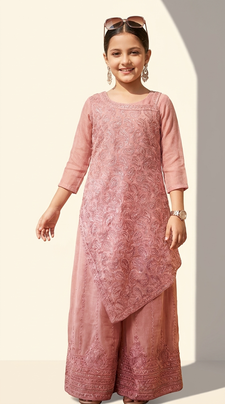 Girls’ Dusty Rose Paisley Embroidered Asymmetric Kurta Palazzo Set