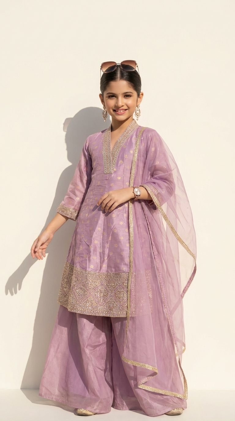 Lavender Embroidered Kurta Palazzo Set with Dupatta