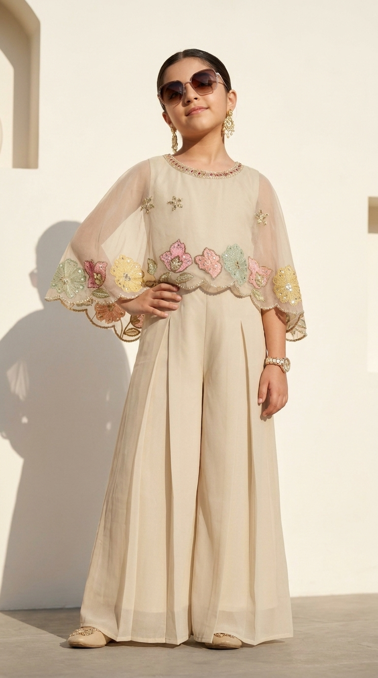 Ivory Floral Embroidered Cape-Style