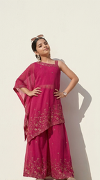 Rani Pink Floral Embellished Asymmetric Kurta Sharara Set for Girls
