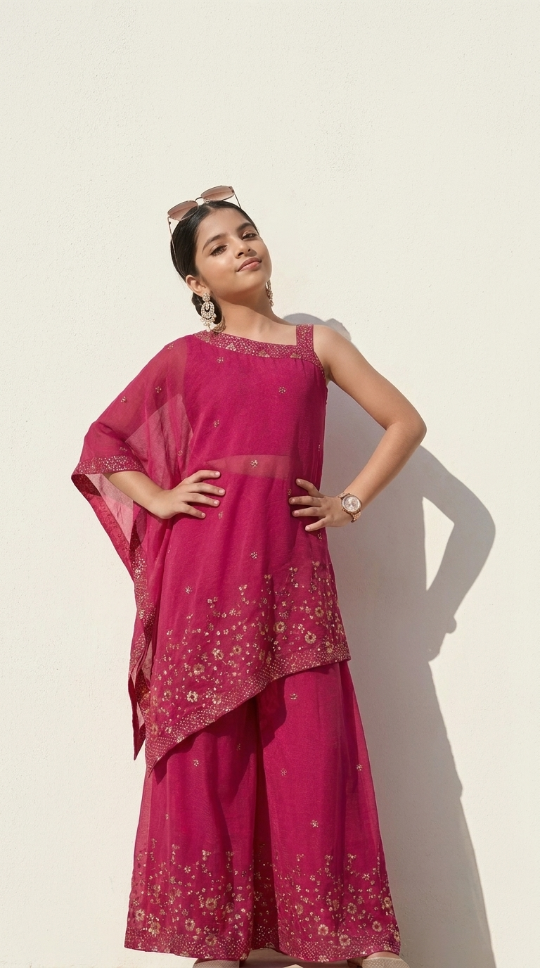 Rani Pink Floral Embellished Asymmetric Kurta Sharara Set for Girls