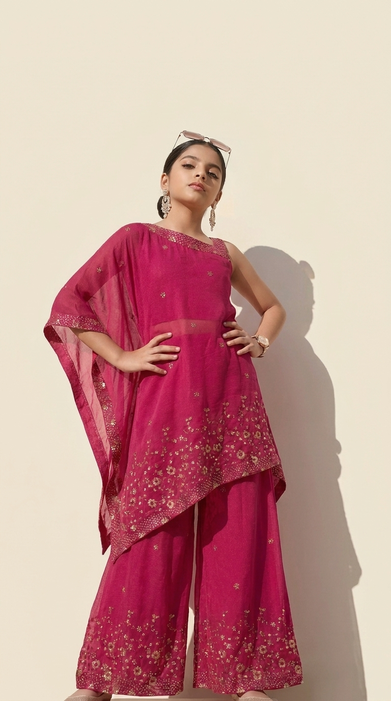 Rani Pink Floral Embellished Asymmetric Kurta Sharara Set for Girls