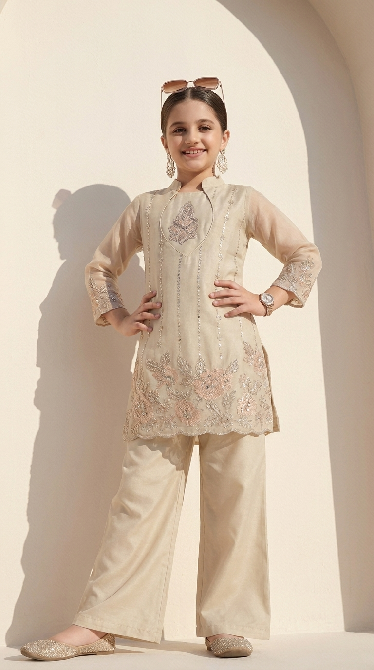 Ivory Floral Embroidered Kurta Palazzo Set