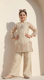 Ivory Floral Embroidered Kurta Palazzo Set