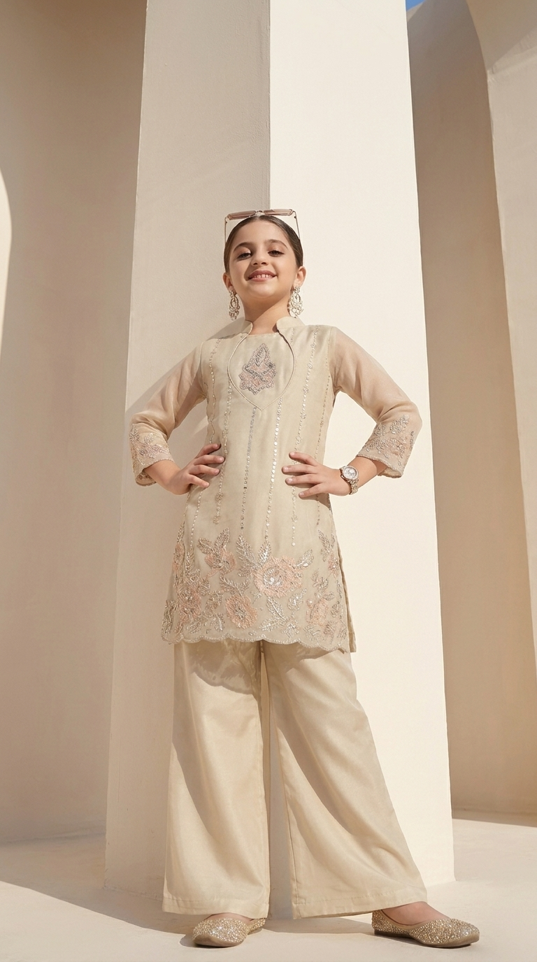 Ivory Floral Embroidered Kurta Palazzo Set