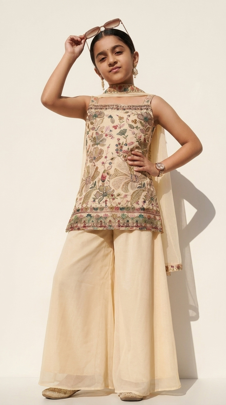 Ivory Floral Embroidered Anarkali-Style Kurta Set